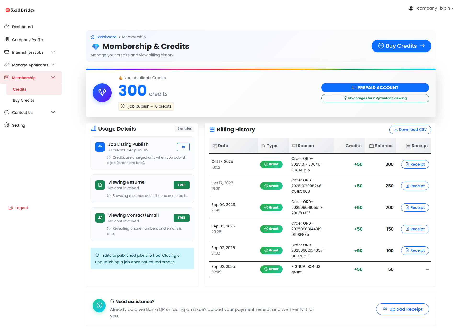 Dashboard for Company or Recruitment Team
