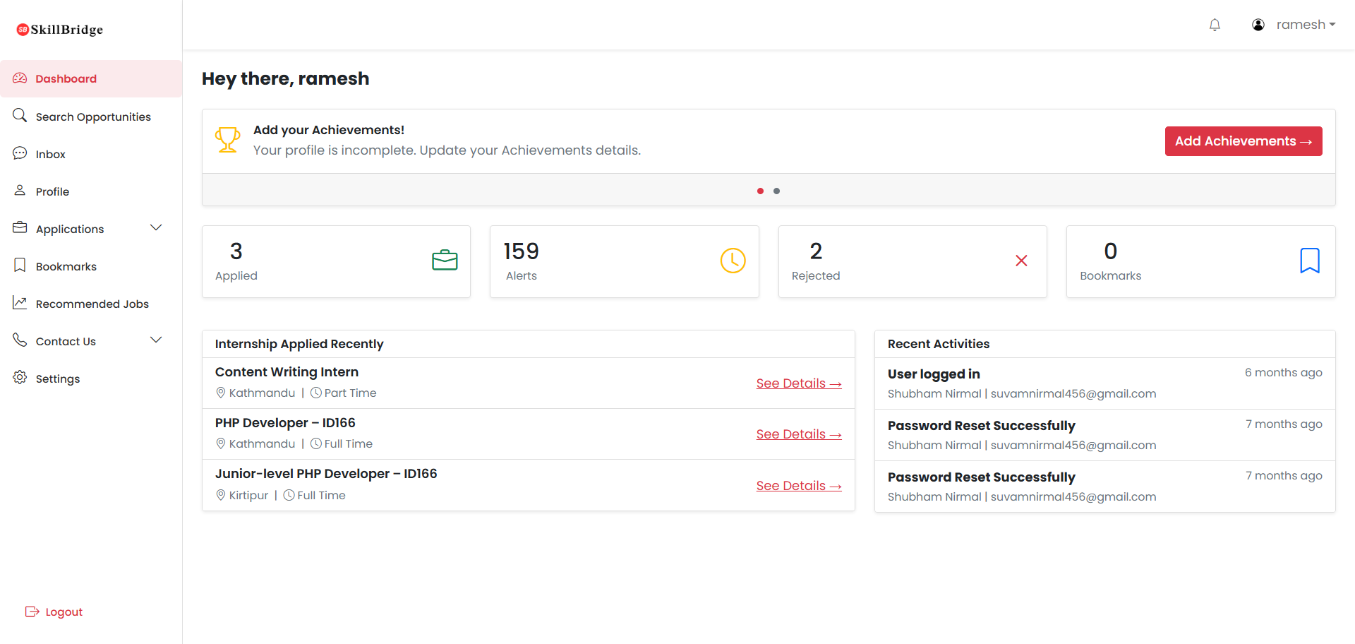 Candidate or Job Seeker Dashboard
